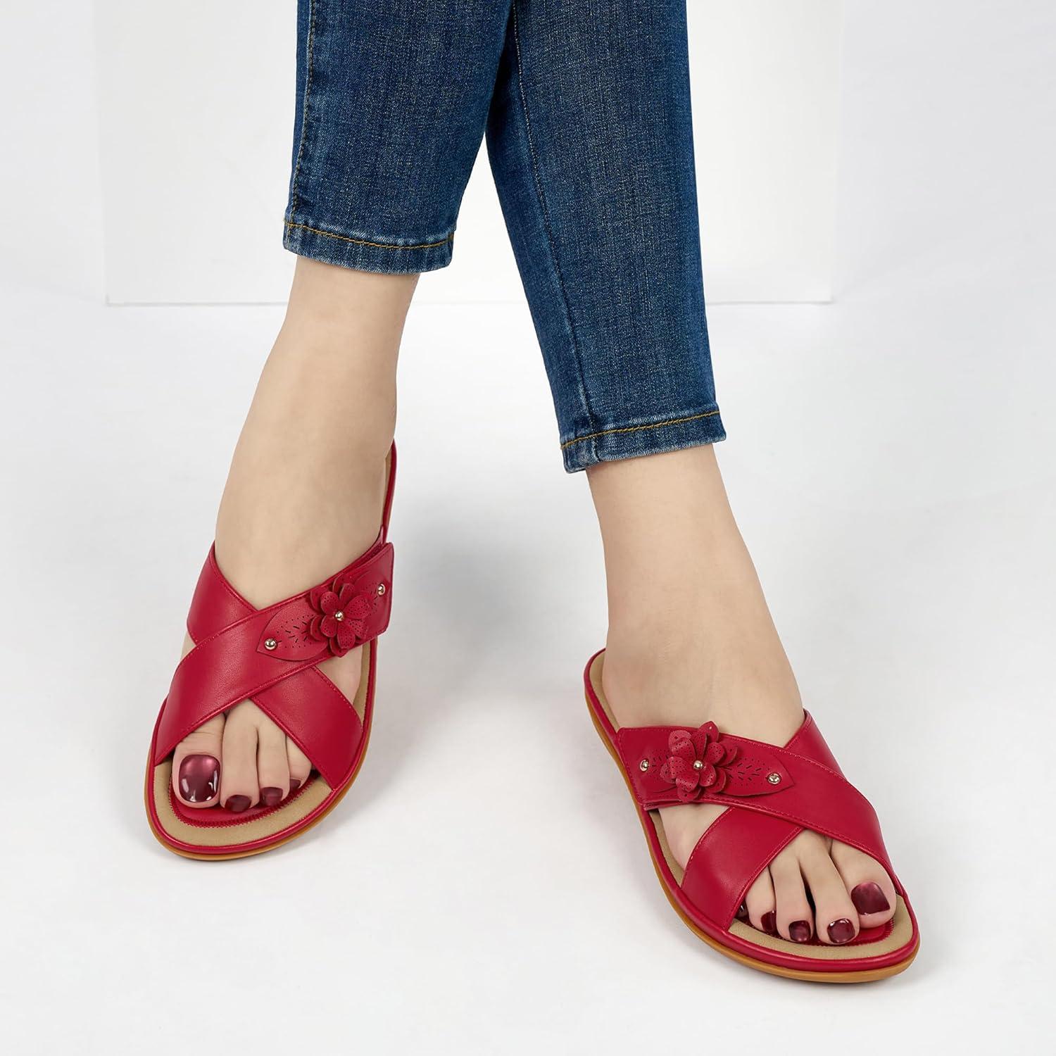 image:imageEcetana Womens Flat Sandals Summer Slides 2026 Dressy Comfortable Walking Slide Sandals for Casual Indoor OutdoorRed