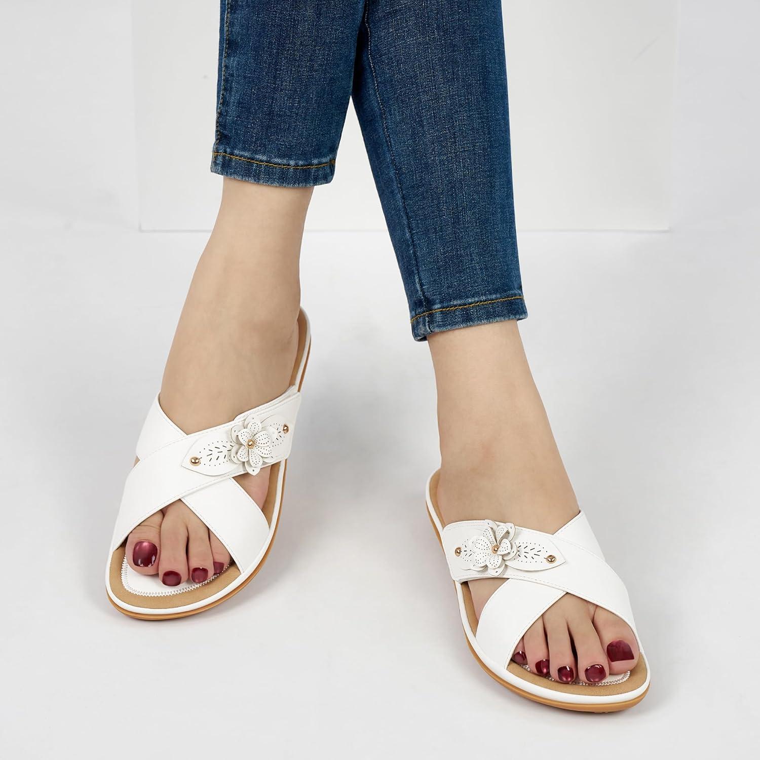 image:imageEcetana Womens Flat Sandals Summer Slides 2026 Dressy Comfortable Walking Slide Sandals for Casual Indoor OutdoorWhite