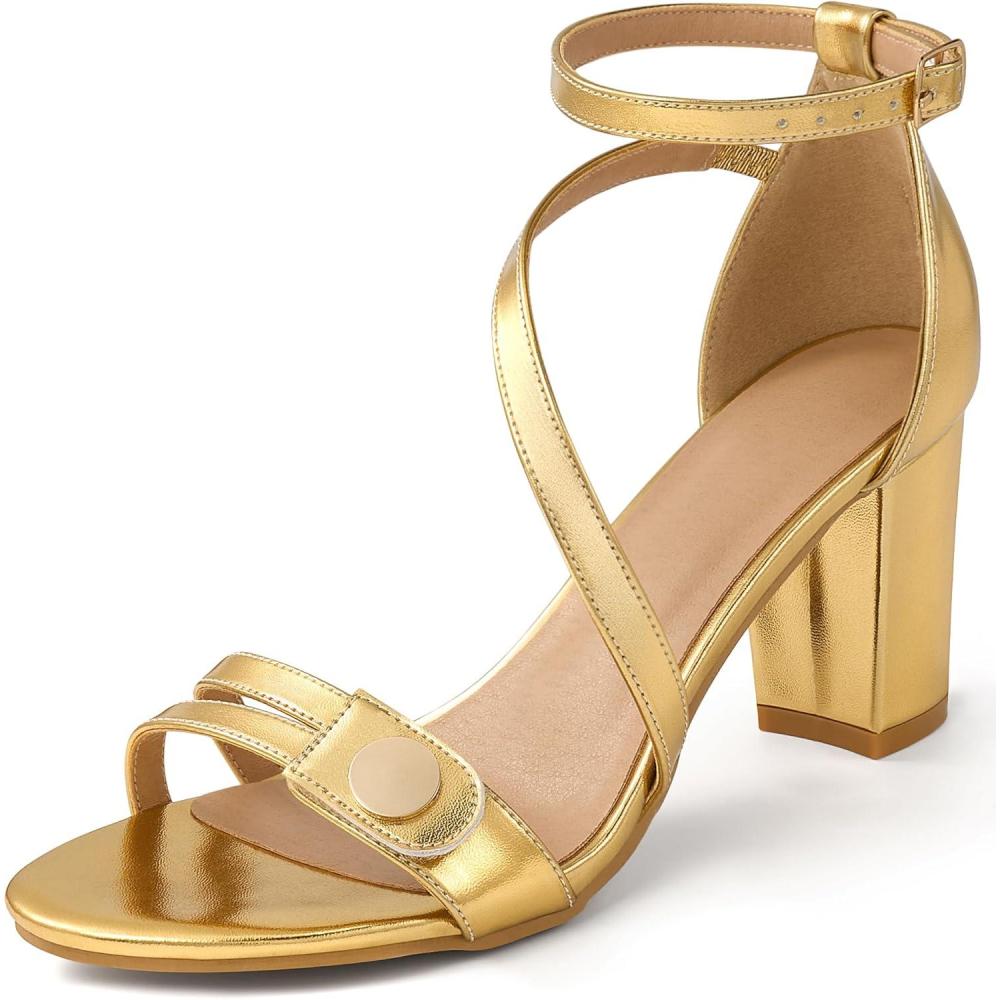 image:imageEcetana Womens Chunky Heel Sandals 3Inch Stable Block Heel with HookandLoop amp Adjustable Ankle Strap Cushioned Insole Dressy Pumps for Wedding Party PromGold