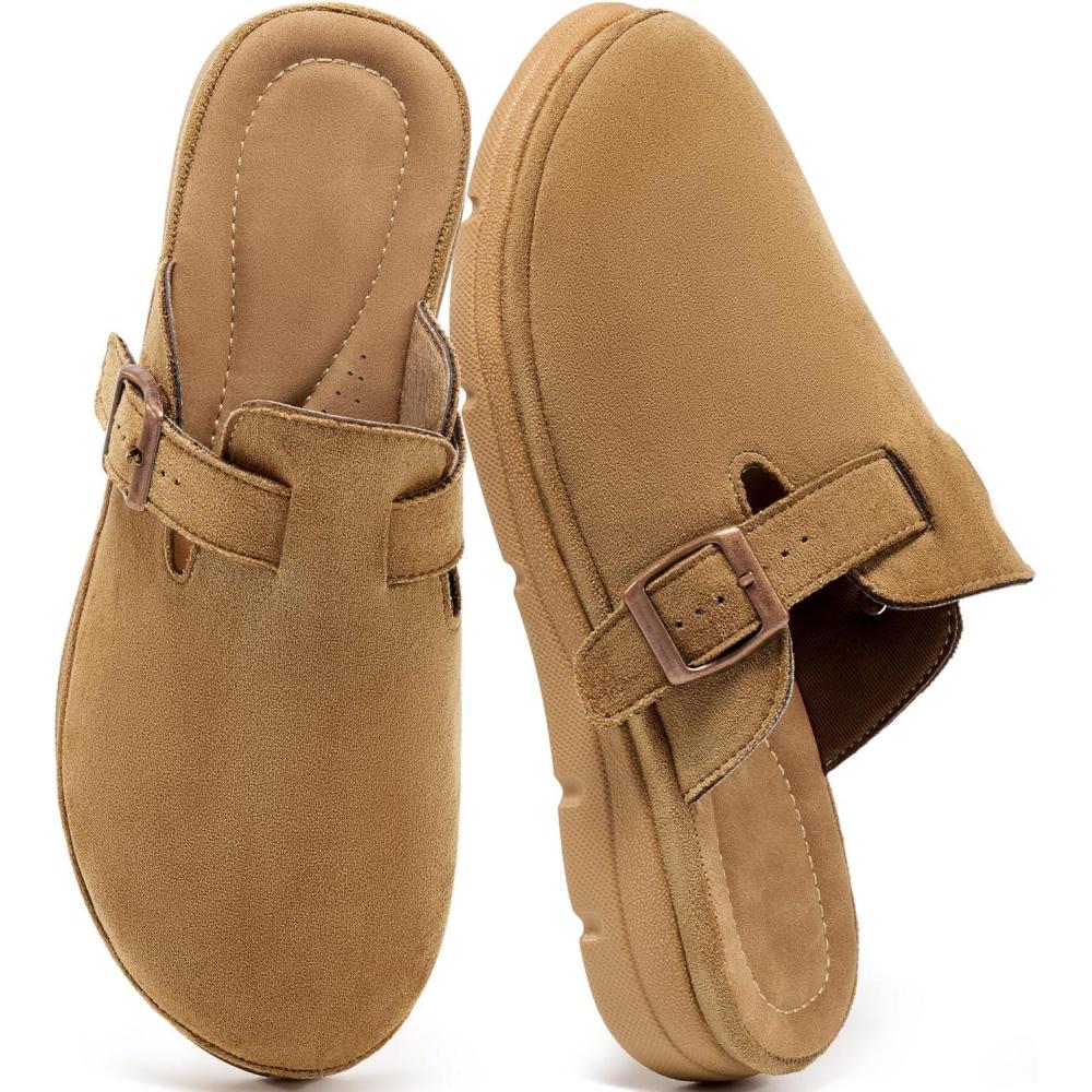 image:imageEcetana Womens Clogs Mules Shoes 2026 Dressy Closed Toe Flat Sandals Comfortable Casual Slip On Shoes for Indoor OutdoorBrown