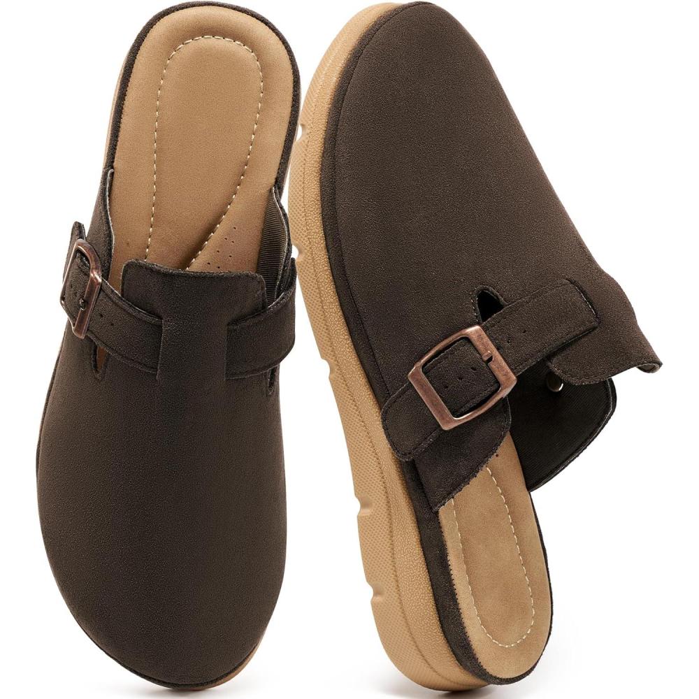 image:imageEcetana Womens Clogs Mules Shoes 2026 Dressy Closed Toe Flat Sandals Comfortable Casual Slip On Shoes for Indoor OutdoorCoffee