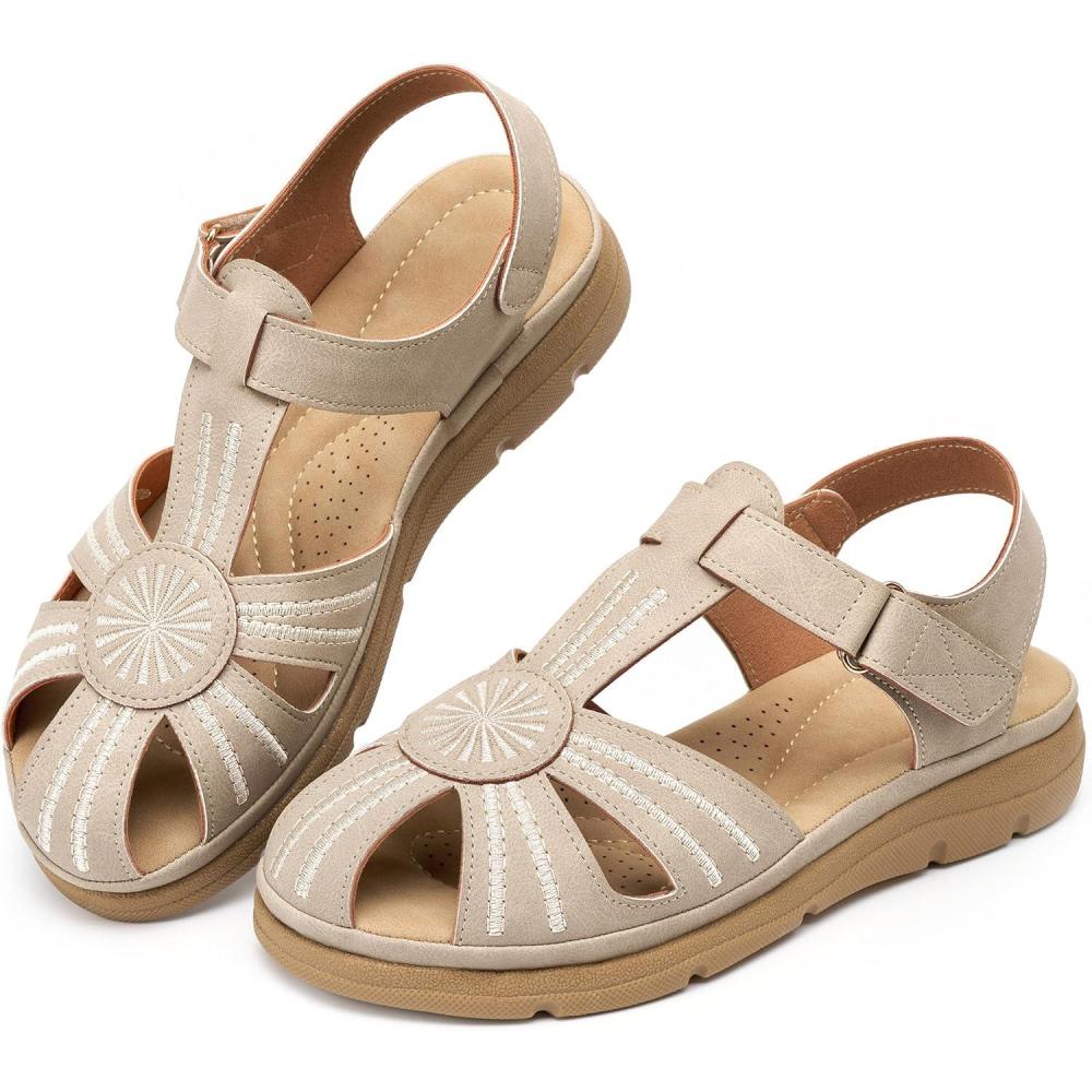 image:imageEcetana Womens Closed Toe Sandals Summer 2026 Dressy Comfortable Flat Sandals Casual Ankle Strap Fisherman Walking SandalsBeige