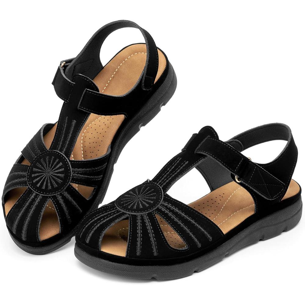 image:imageEcetana Womens Closed Toe Sandals Summer 2026 Dressy Comfortable Flat Sandals Casual Ankle Strap Fisherman Walking SandalsBlack