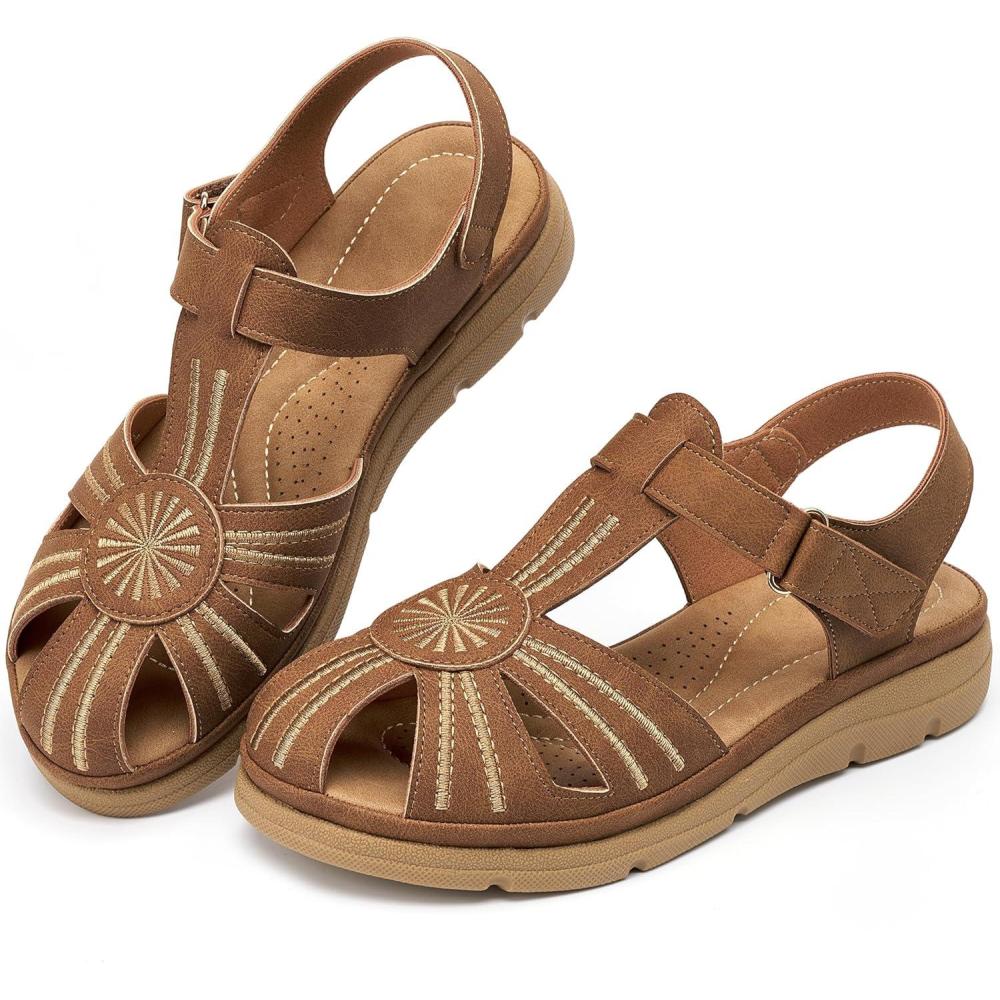 image:imageEcetana Womens Closed Toe Sandals Summer 2026 Dressy Comfortable Flat Sandals Casual Ankle Strap Fisherman Walking SandalsBrown