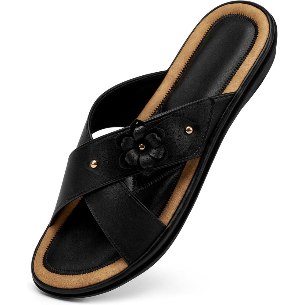 image:imageEcetana Womens Flat Sandals Summer Slides 2026 Dressy Comfortable Walking Slide Sandals for Casual Indoor OutdoorBlack