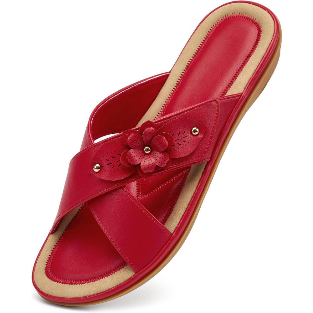 image:imageEcetana Womens Flat Sandals Summer Slides 2026 Dressy Comfortable Walking Slide Sandals for Casual Indoor OutdoorRed