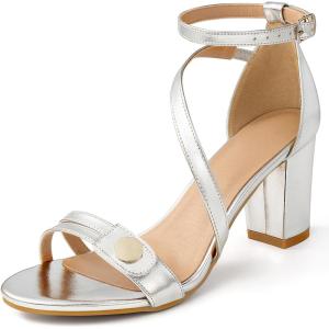 Ecetana Women’s Chunky Heel Sandals: 3-Inch Stable Block Heel with Hook-and-Loop & Adjustable Ankle Strap – Cushioned Insole Dressy Pumps for Wedding Party Prom(Sliver)