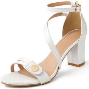 Ecetana Women’s Chunky Heel Sandals: 3-Inch Stable Block Heel with Hook-and-Loop & Adjustable Ankle Strap – Cushioned Insole Dressy Pumps for Wedding Party Prom(White)