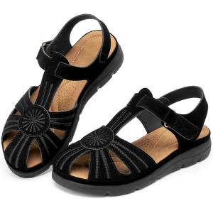 Ecetana Womens Closed Toe Sandals: Summer 2026 Dressy Comfortable Flat Sandals Casual Ankle Strap Fisherman Walking Sandals(Black)
