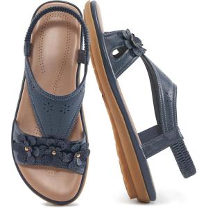Ecetana Womens Flat Sandals 2026 Comfortable Dressy Summer Sandals with Memory Foam Ankle Strap Casual Walking Shoes for Travel(Blue)
