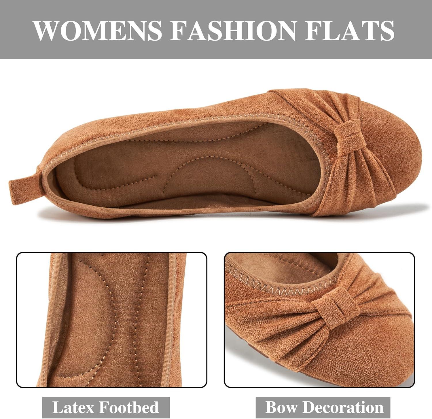 image:imageEcetana Womens Ballet Flats Shoes Dressy Round Toe Bowknot Slip Ons Comfortable Suede Foldable Loafers for Casual Work BusinessBrown