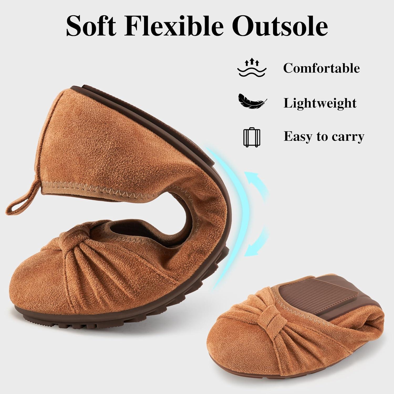 image:imageEcetana Womens Ballet Flats Shoes Dressy Round Toe Bowknot Slip Ons Comfortable Suede Foldable Loafers for Casual Work BusinessBrown
