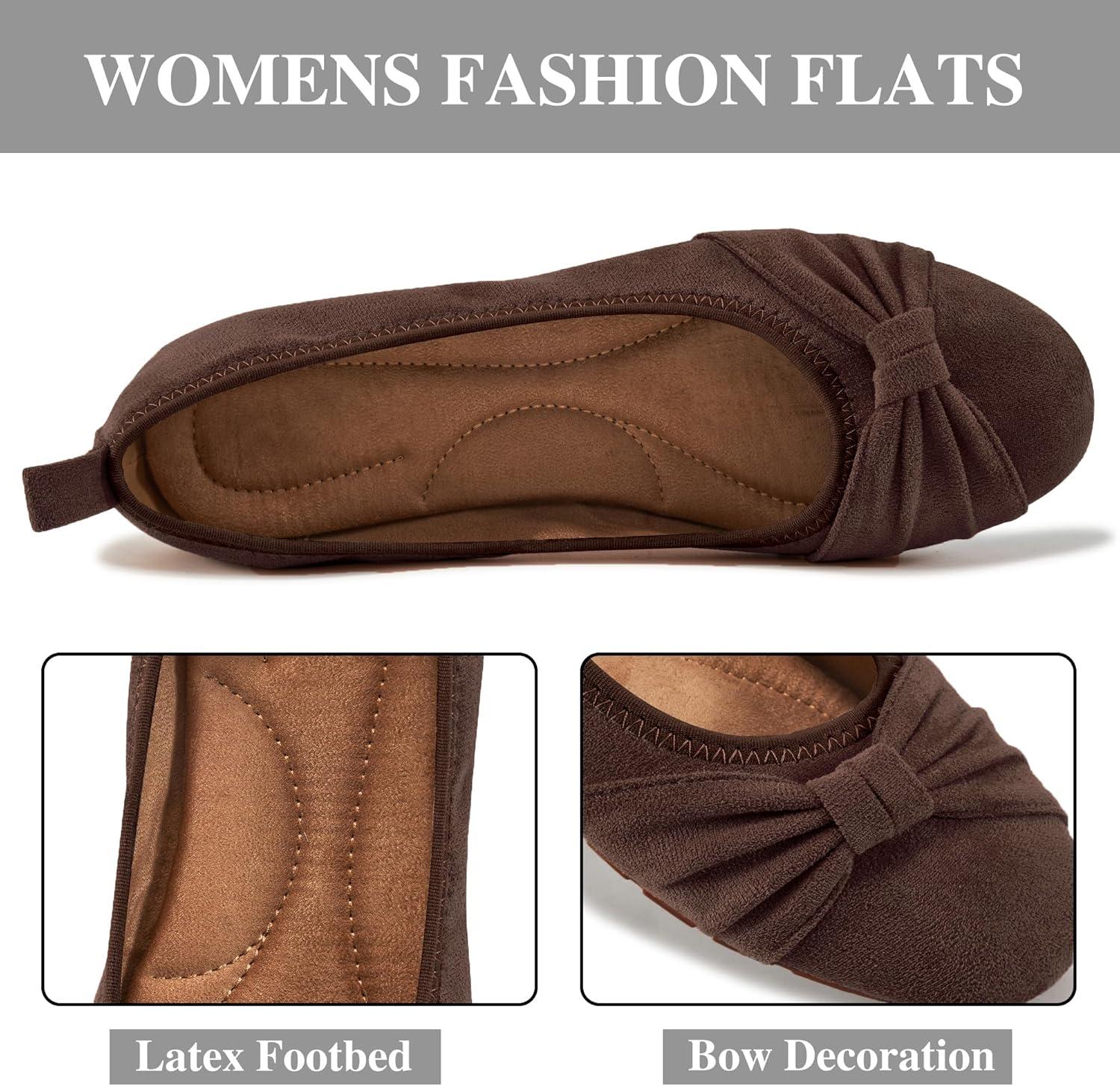 image:imageEcetana Womens Ballet Flats Shoes Dressy Round Toe Bowknot Slip Ons Comfortable Suede Foldable Loafers for Casual Work BusinessCoffee