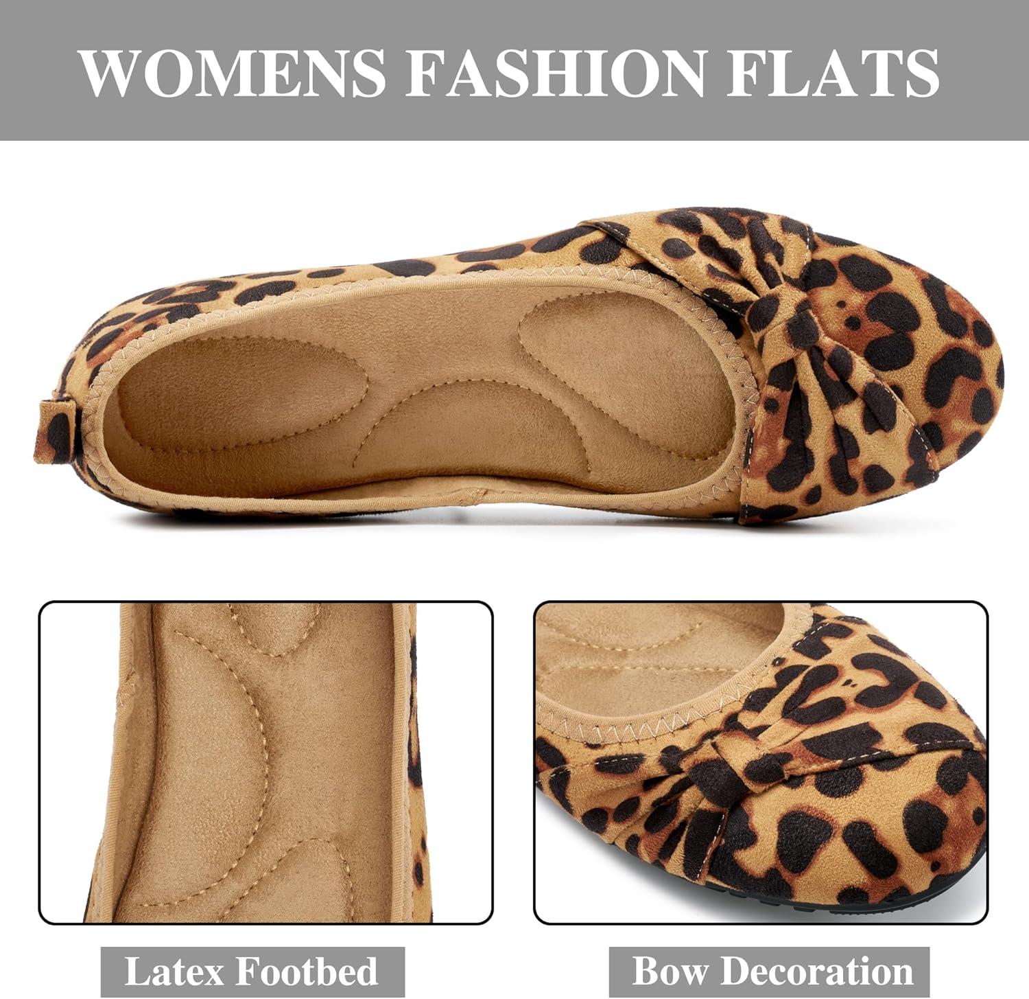 image:imageEcetana Womens Ballet Flats Shoes Dressy Round Toe Bowknot Slip Ons Comfortable Suede Foldable Loafers for Casual Work BusinessLeopard