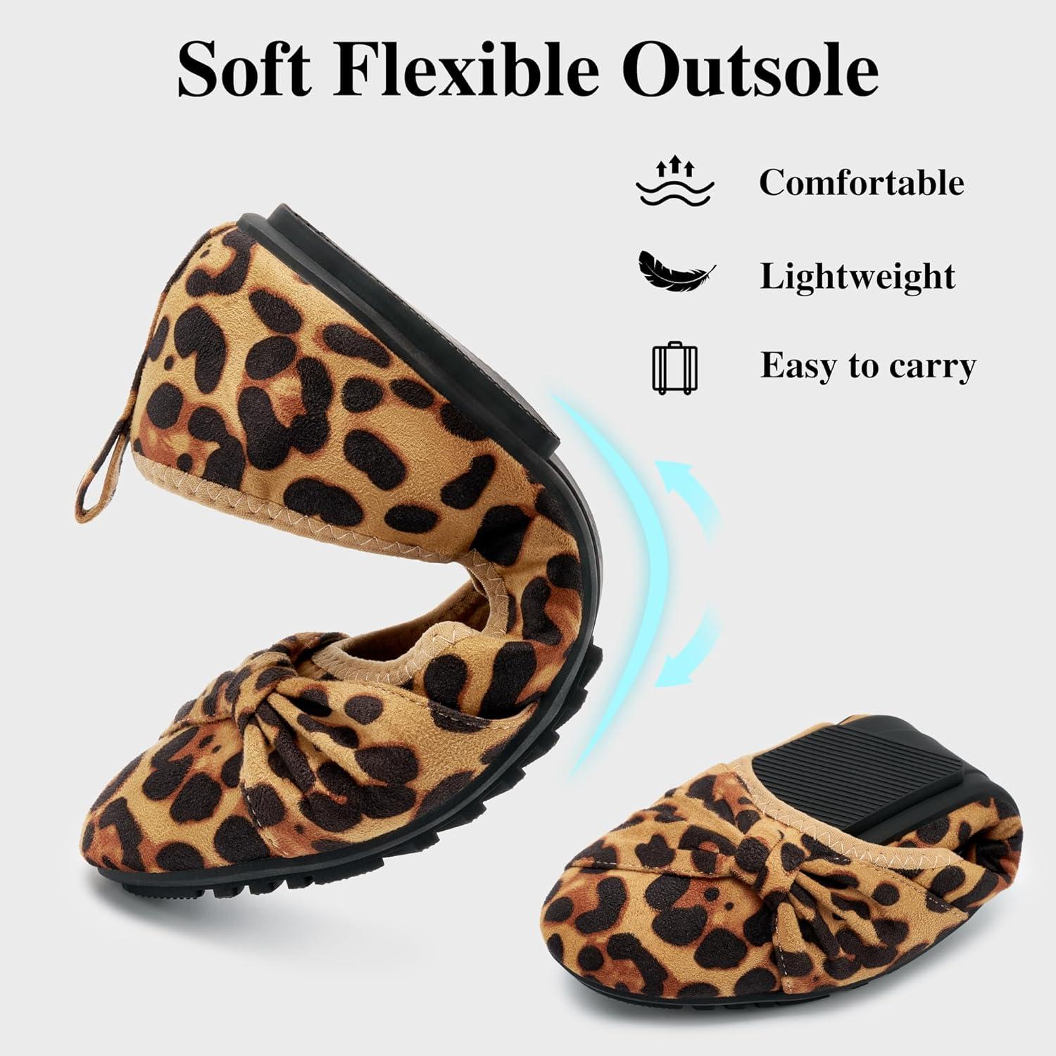 image:imageEcetana Womens Ballet Flats Shoes Dressy Round Toe Bowknot Slip Ons Comfortable Suede Foldable Loafers for Casual Work BusinessLeopard