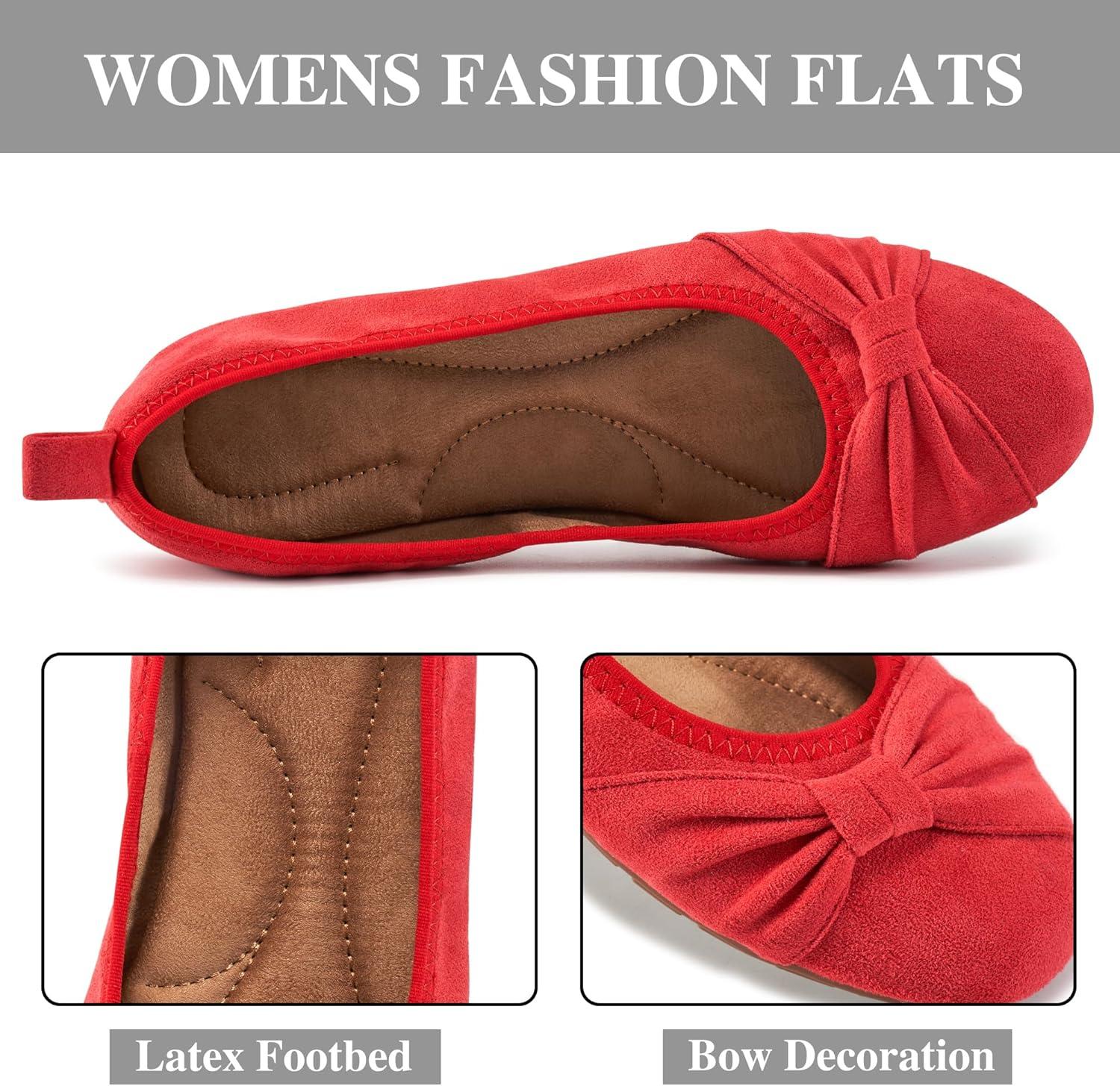 image:imageEcetana Womens Ballet Flats Shoes Dressy Round Toe Bowknot Slip Ons Comfortable Suede Foldable Loafers for Casual Work BusinessRed