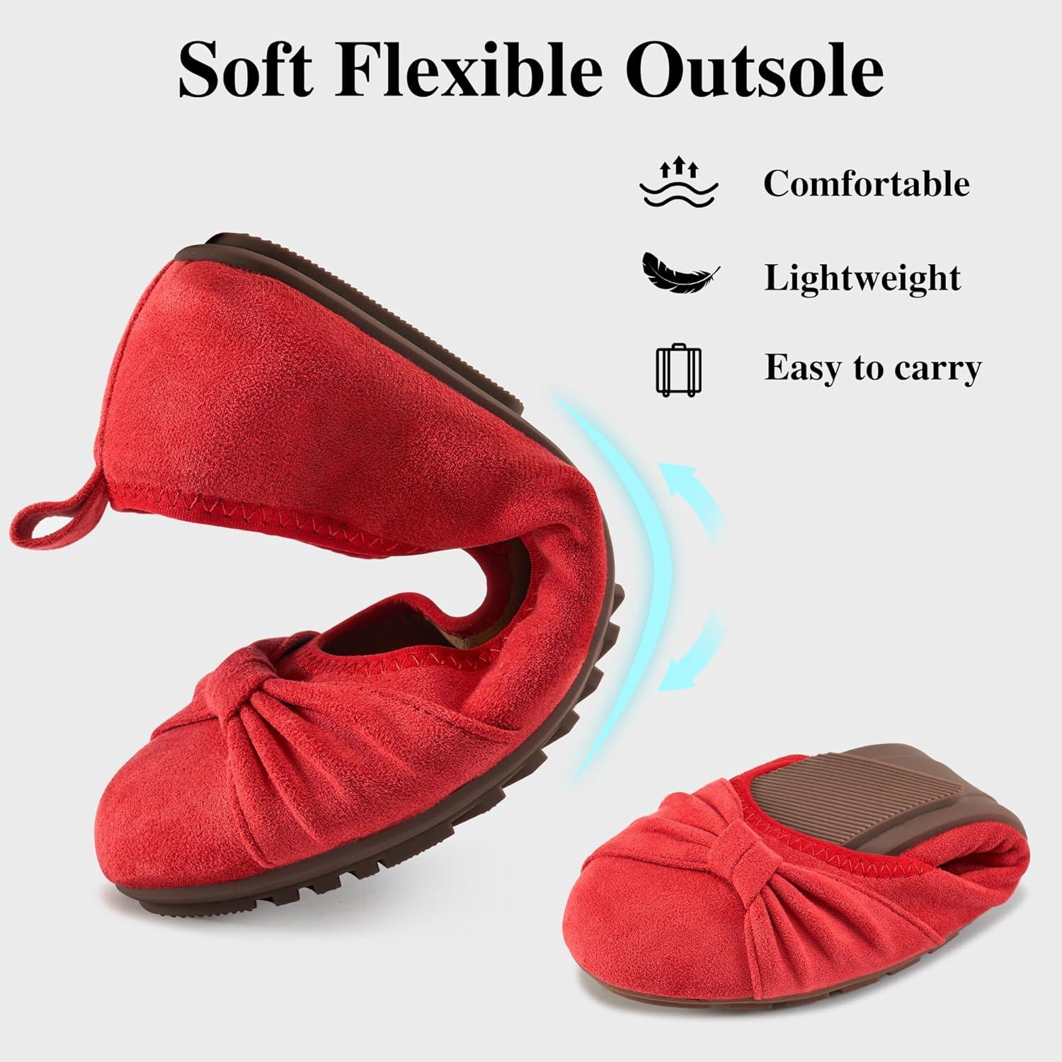 image:imageEcetana Womens Ballet Flats Shoes Dressy Round Toe Bowknot Slip Ons Comfortable Suede Foldable Loafers for Casual Work BusinessRed