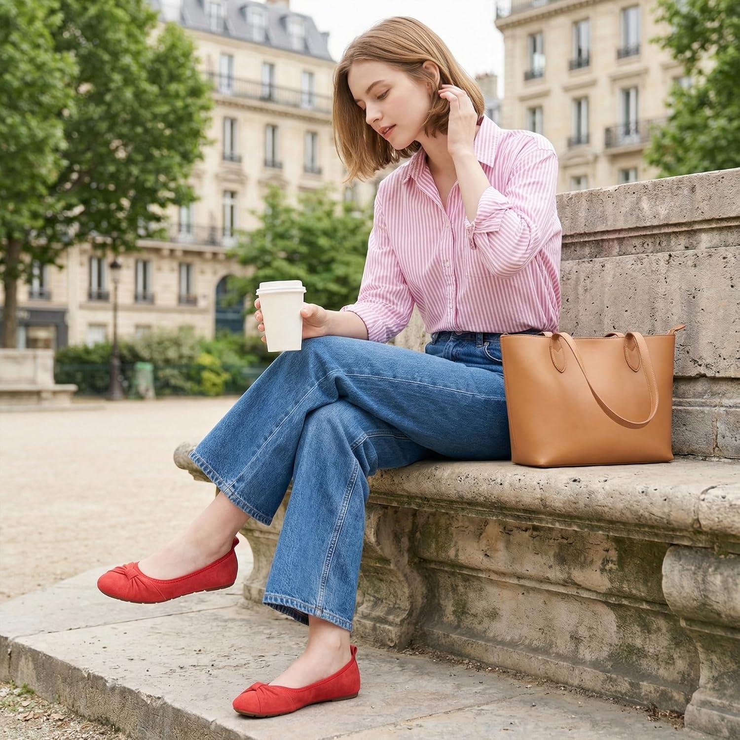 image:imageEcetana Womens Ballet Flats Shoes Dressy Round Toe Bowknot Slip Ons Comfortable Suede Foldable Loafers for Casual Work BusinessRed