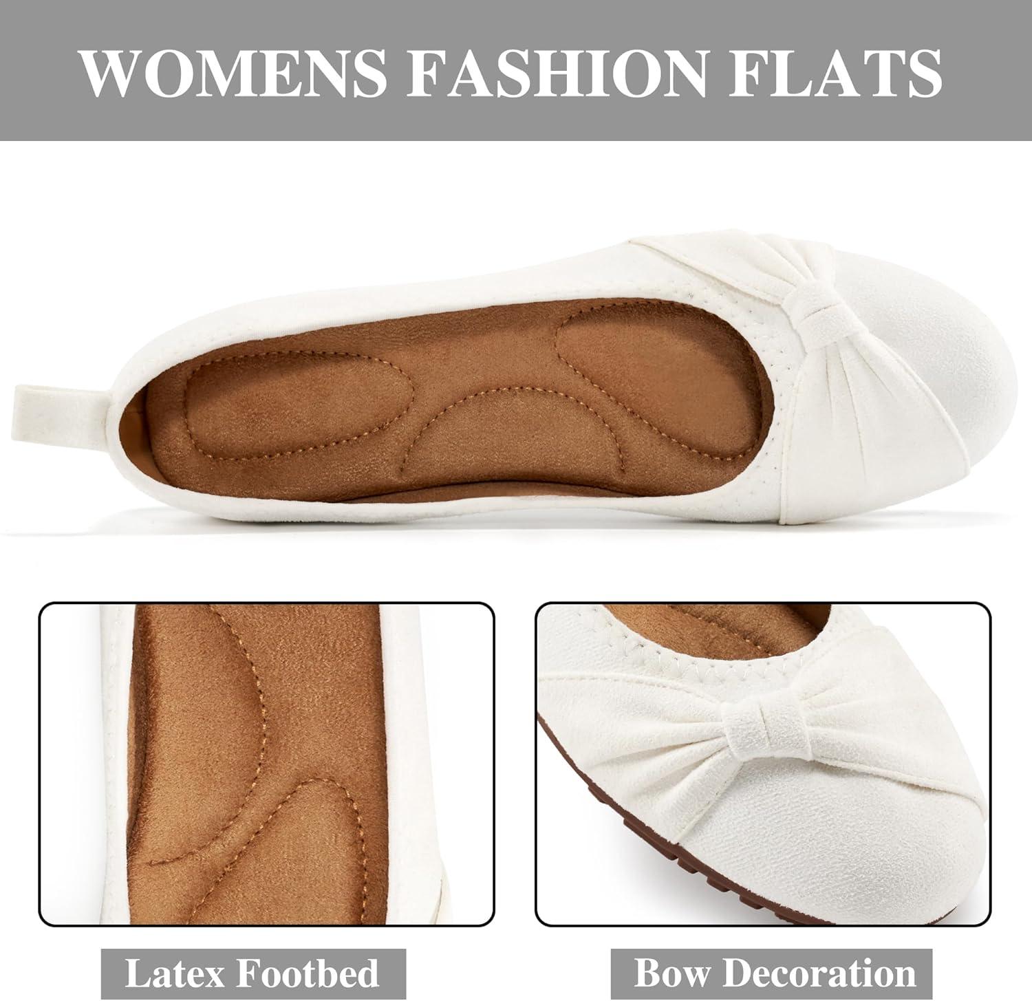 image:imageEcetana Womens Ballet Flats Shoes Dressy Round Toe Bowknot Slip Ons Comfortable Suede Foldable Loafers for Casual Work BusinessWhite