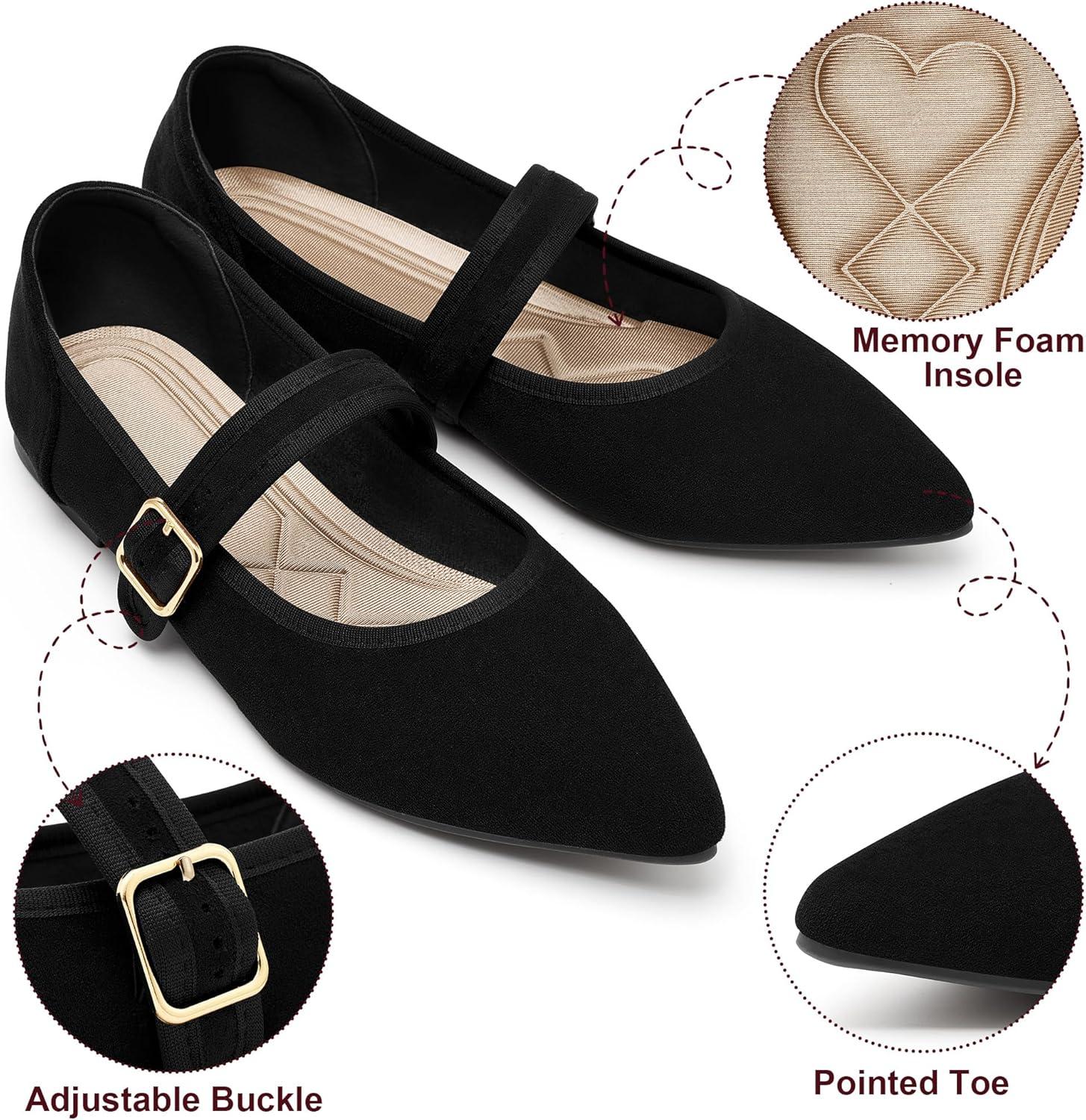 image:imageEcetana Womens Mary Jane Flats Dressy Pointed Toe Comfortable Casual Ballet Flats Shoes with Buckle Ankle Strap for Work Office BusinessBlack