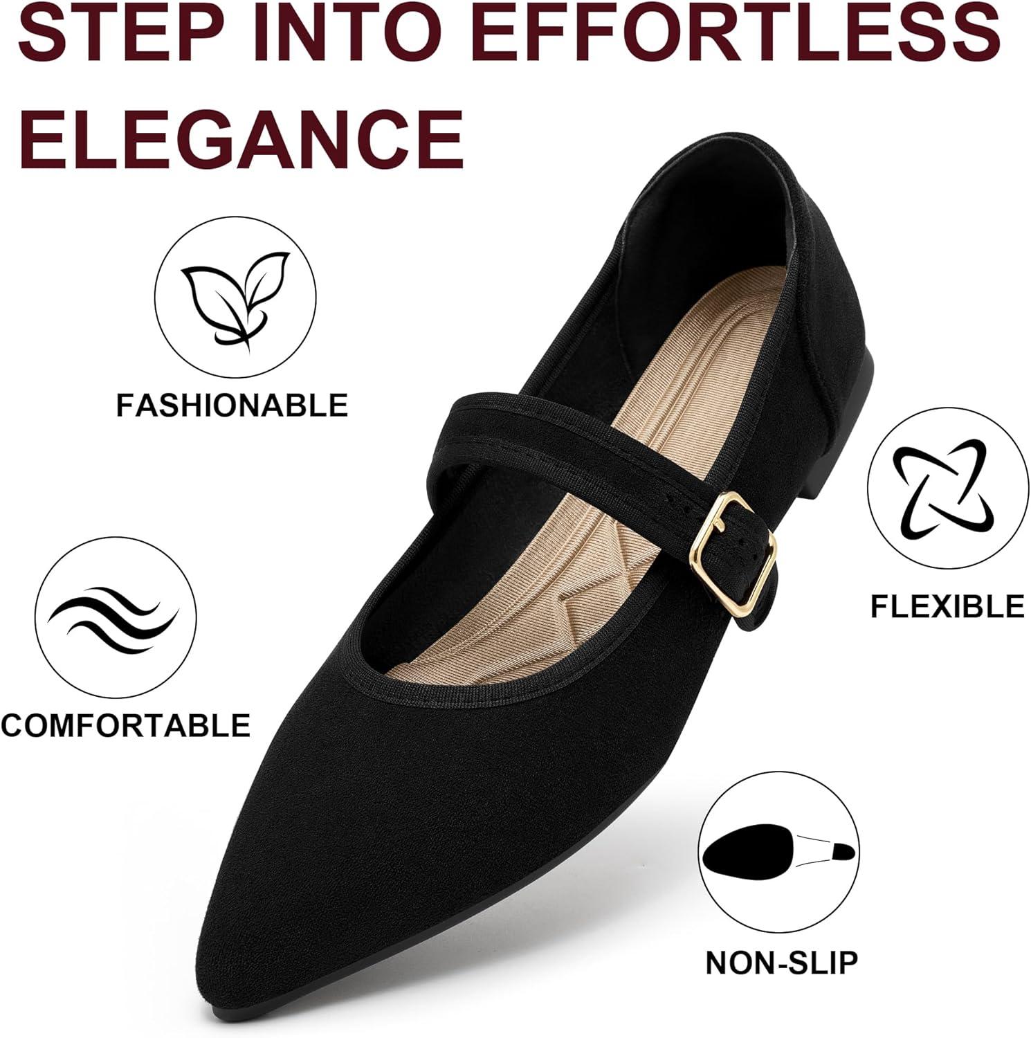 image:imageEcetana Womens Mary Jane Flats Dressy Pointed Toe Comfortable Casual Ballet Flats Shoes with Buckle Ankle Strap for Work Office BusinessBlack