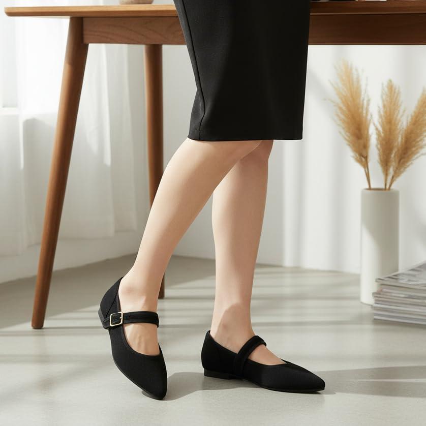 image:imageEcetana Womens Mary Jane Flats Dressy Pointed Toe Comfortable Casual Ballet Flats Shoes with Buckle Ankle Strap for Work Office BusinessBlack