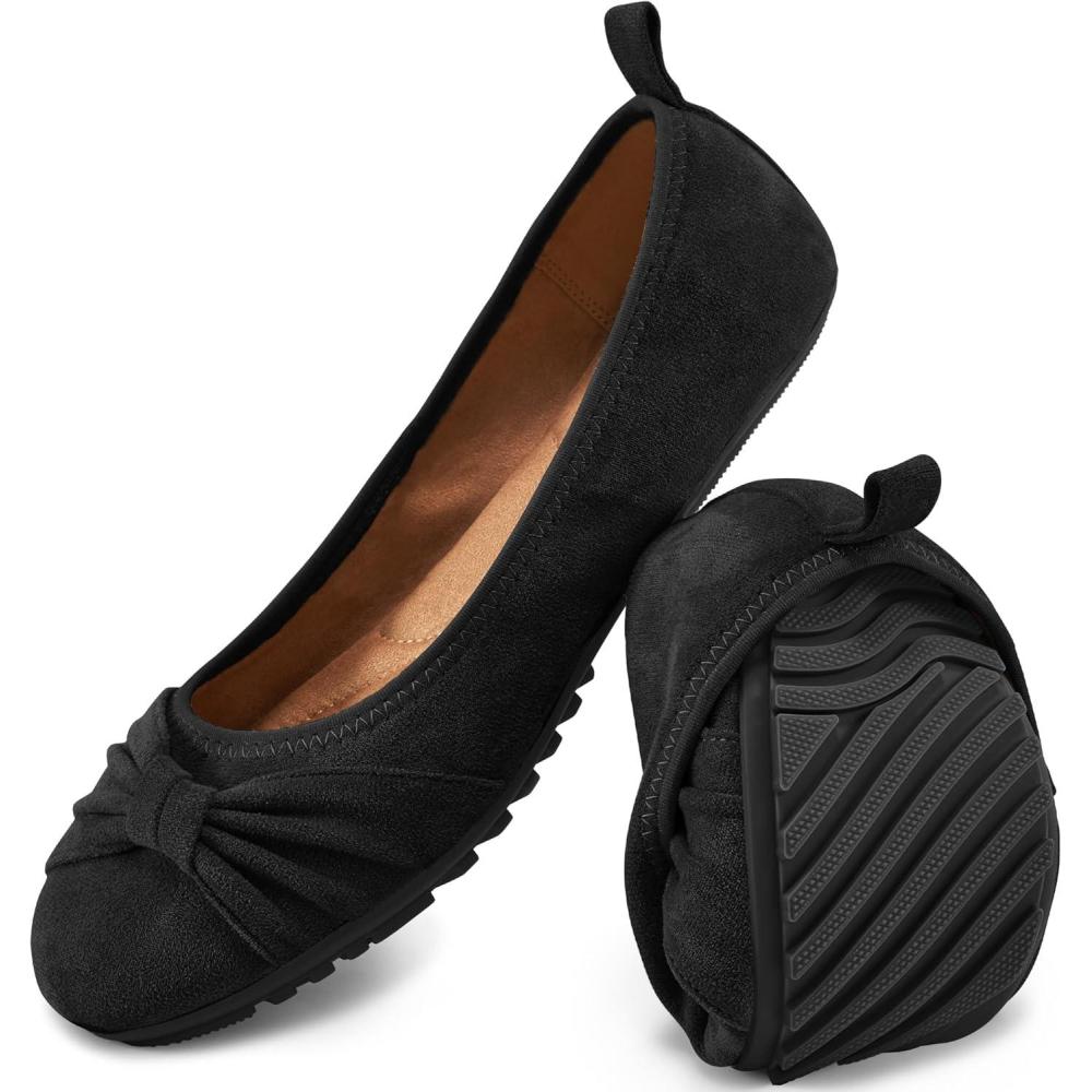 image:imageEcetana Womens Ballet Flats Shoes Dressy Round Toe Bowknot Slip Ons Comfortable Suede Foldable Loafers for Casual Work BusinessBlack