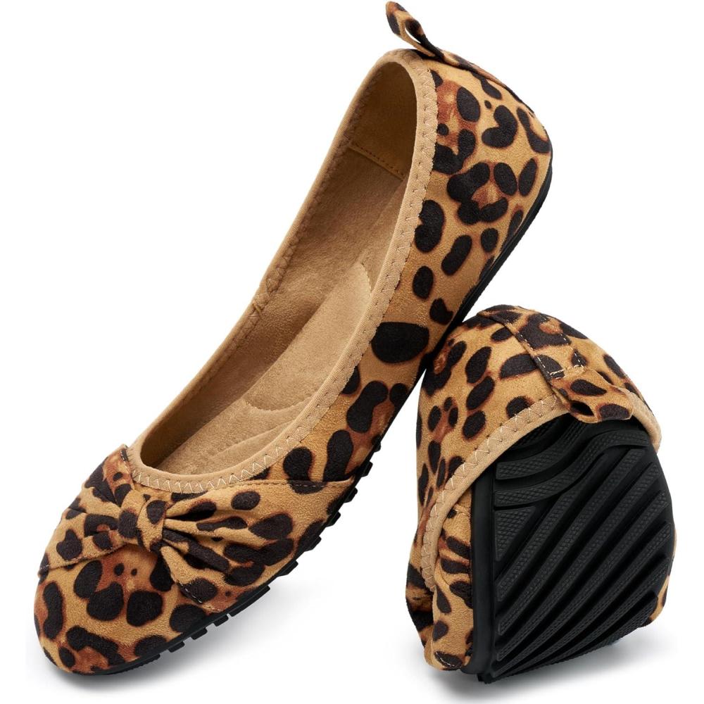 image:imageEcetana Womens Ballet Flats Shoes Dressy Round Toe Bowknot Slip Ons Comfortable Suede Foldable Loafers for Casual Work BusinessLeopard