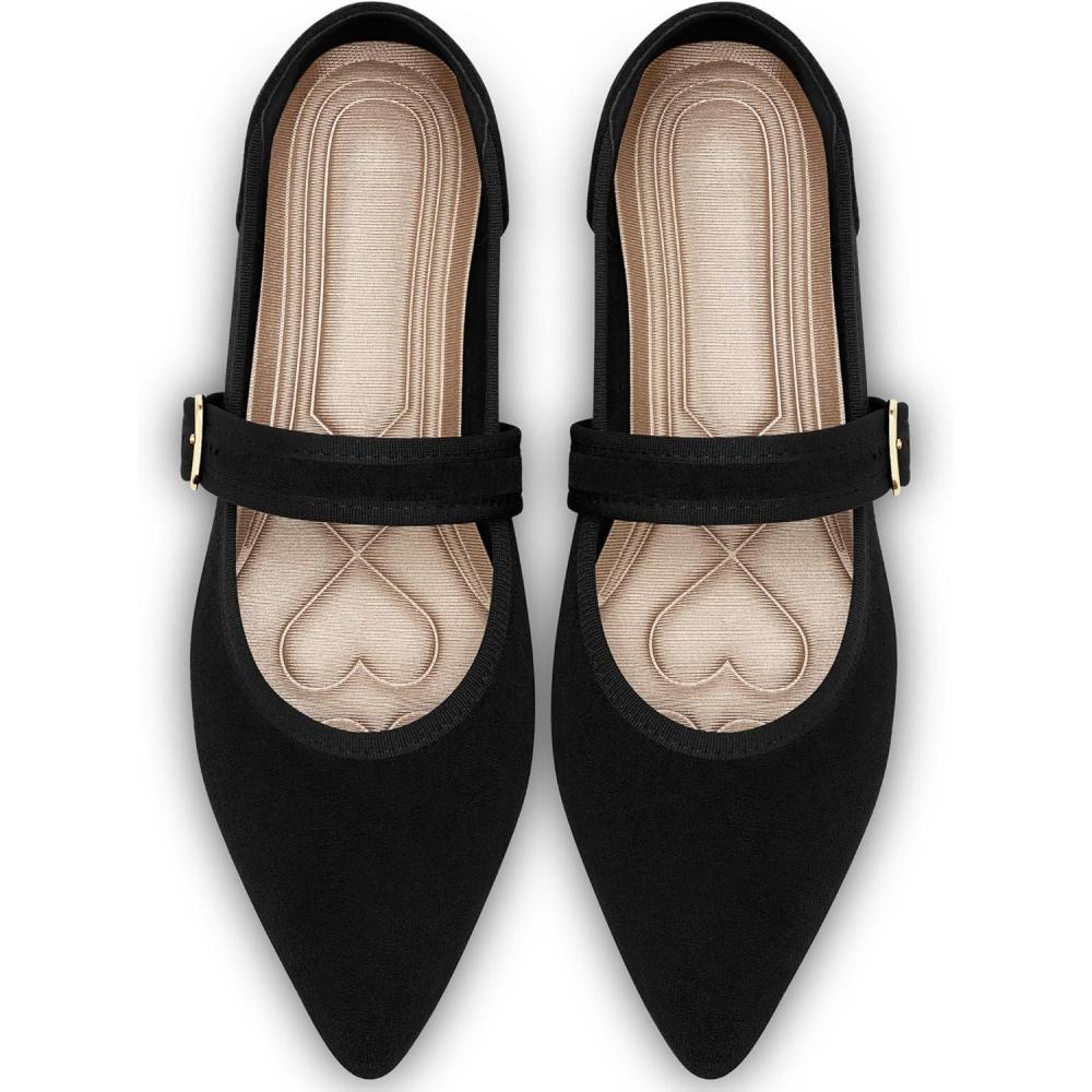 image:imageEcetana Womens Mary Jane Flats Dressy Pointed Toe Comfortable Casual Ballet Flats Shoes with Buckle Ankle Strap for Work Office BusinessBlack