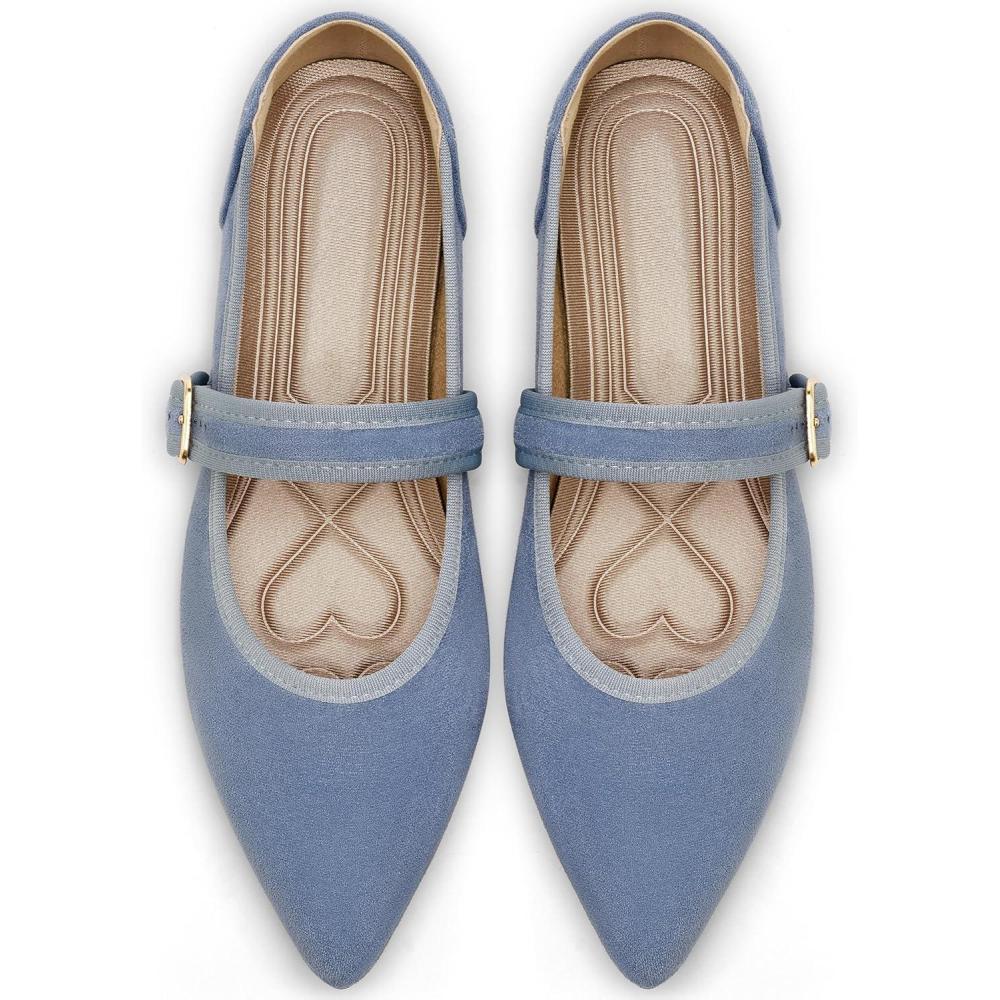image:imageEcetana Womens Mary Jane Flats Dressy Pointed Toe Comfortable Casual Ballet Flats Shoes with Buckle Ankle Strap for Work Office BusinessBlue