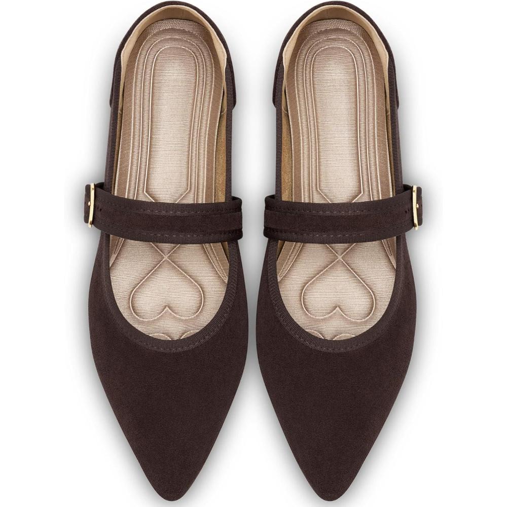 image:imageEcetana Womens Mary Jane Flats Dressy Pointed Toe Comfortable Casual Ballet Flats Shoes with Buckle Ankle Strap for Work Office BusinessCoffee