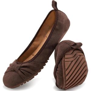 Ecetana Women’s Ballet Flats Shoes Dressy Round Toe Bowknot Slip Ons Comfortable Suede Foldable Loafers for Casual Work Business(Coffee)