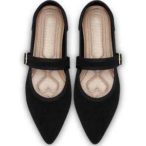 Ecetana Womens Mary Jane Flats Dressy Pointed Toe Comfortable Casual Ballet Flats Shoes with Buckle Ankle Strap for Work Office Business(Black)