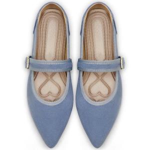 Ecetana Womens Mary Jane Flats Dressy Pointed Toe Comfortable Casual Ballet Flats Shoes with Buckle Ankle Strap for Work Office Business(Blue)