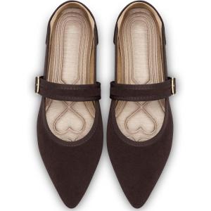 Ecetana Womens Mary Jane Flats Dressy Pointed Toe Comfortable Casual Ballet Flats Shoes with Buckle Ankle Strap for Work Office Business(Coffee)