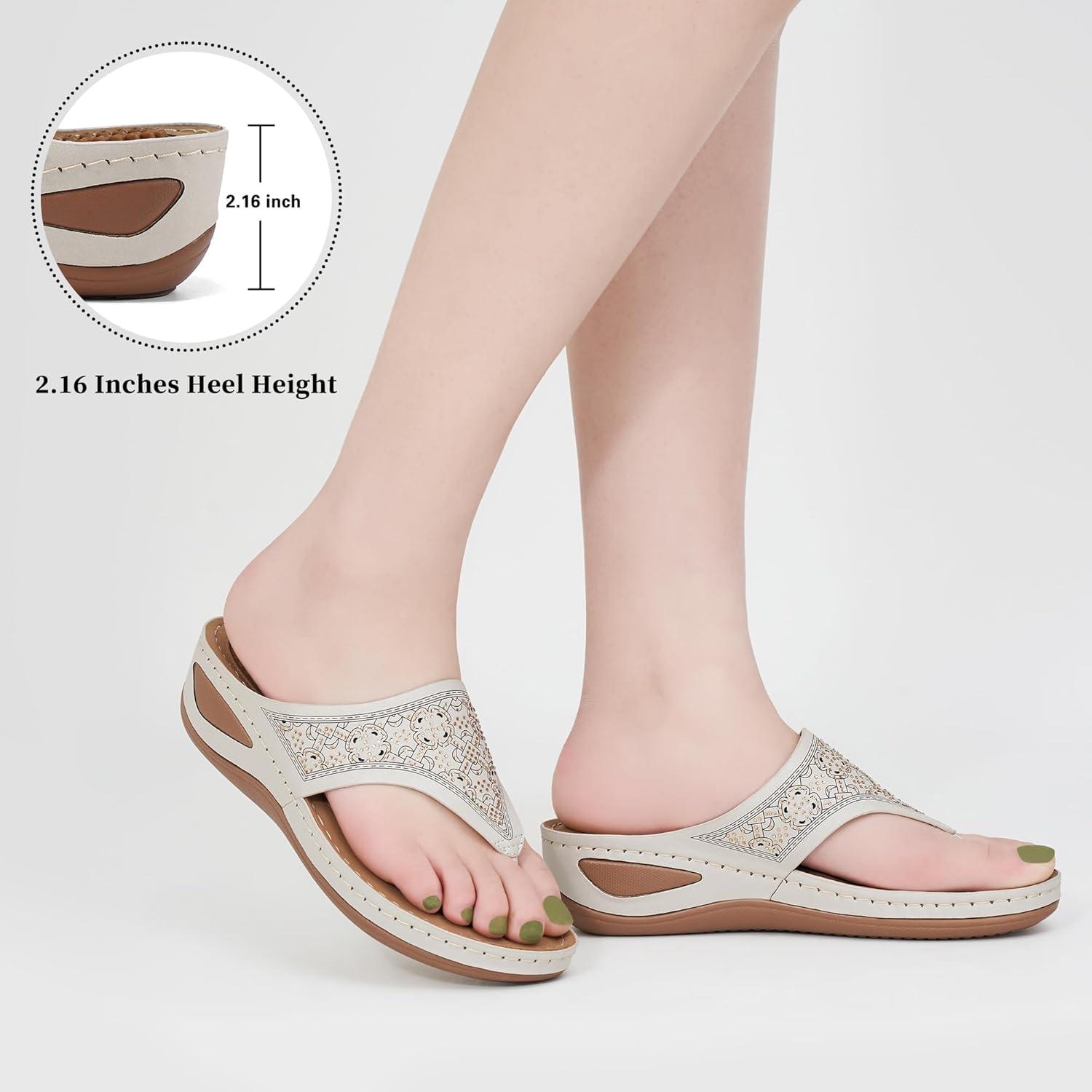 image:imageEcetana Womens Dressy Wedge Sandals Comfortable Summer Flip Flops Massaging Footbed Platform Thong Sandals for Casual WalkingBeige