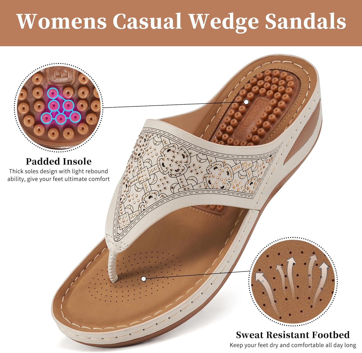 image:imageEcetana Womens Dressy Wedge Sandals Comfortable Summer Flip Flops Massaging Footbed Platform Thong Sandals for Casual WalkingBeige
