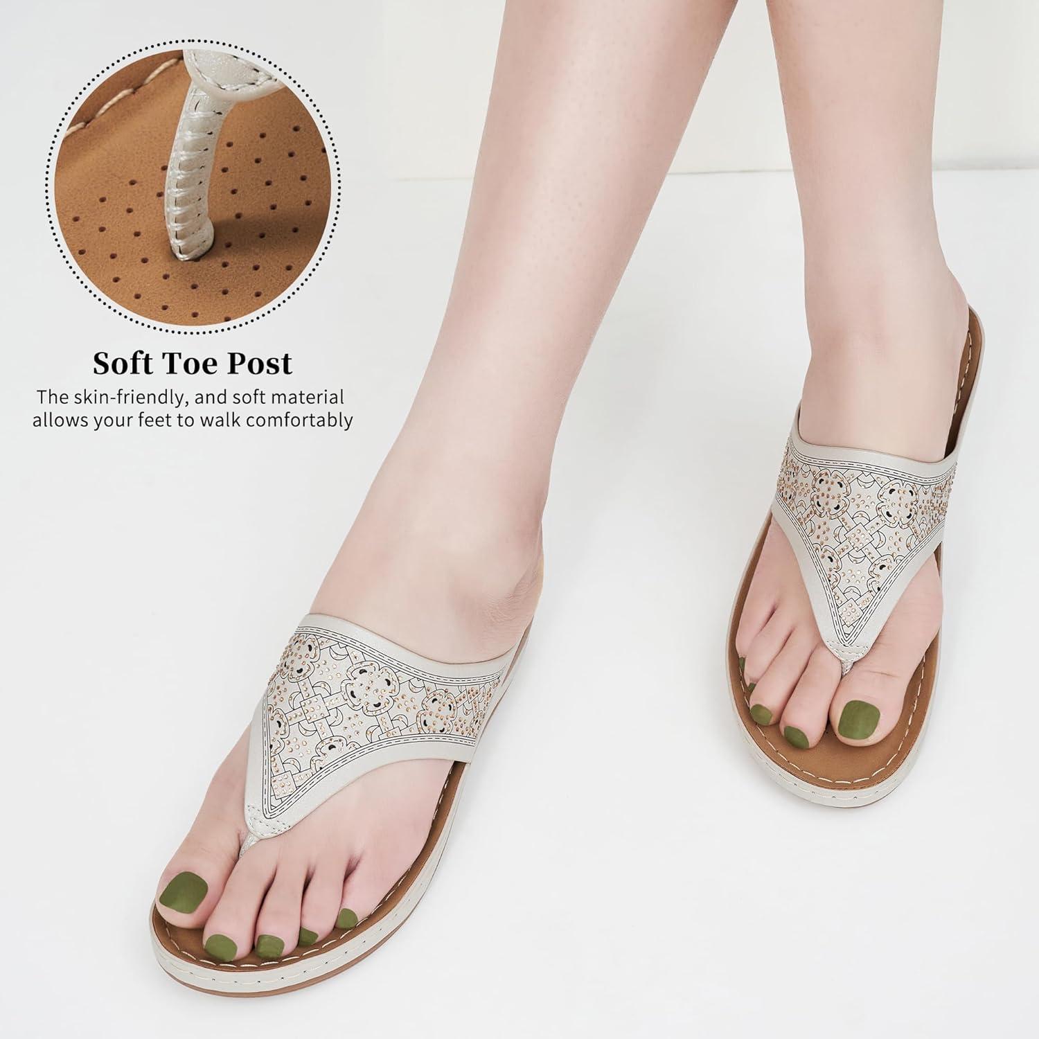 image:imageEcetana Womens Dressy Wedge Sandals Comfortable Summer Flip Flops Massaging Footbed Platform Thong Sandals for Casual WalkingBeige