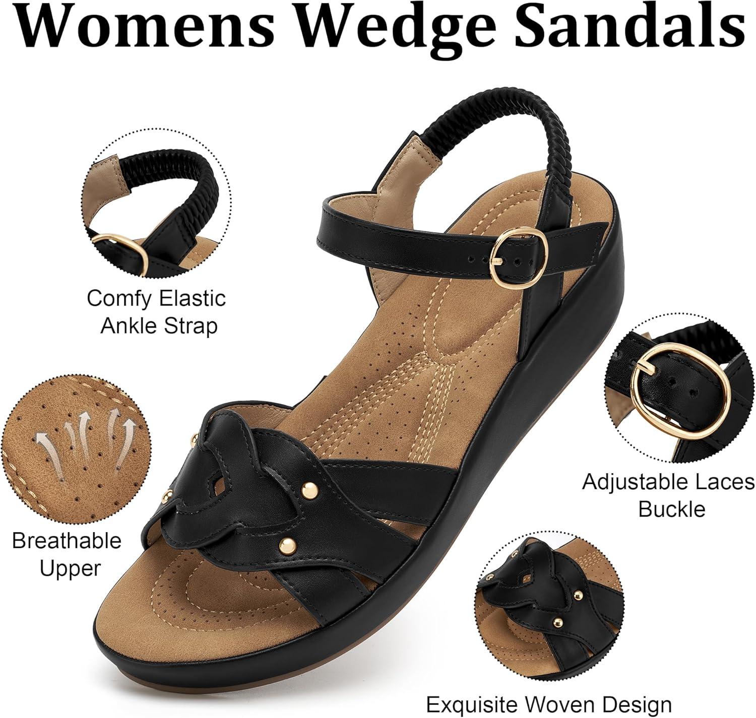 image:imageEcetana Womens Wedge Sandals Comfortable Dressy Woven Adjustable Ankle Strap Platform Casual Sandals for Summer Walking TravelBlack