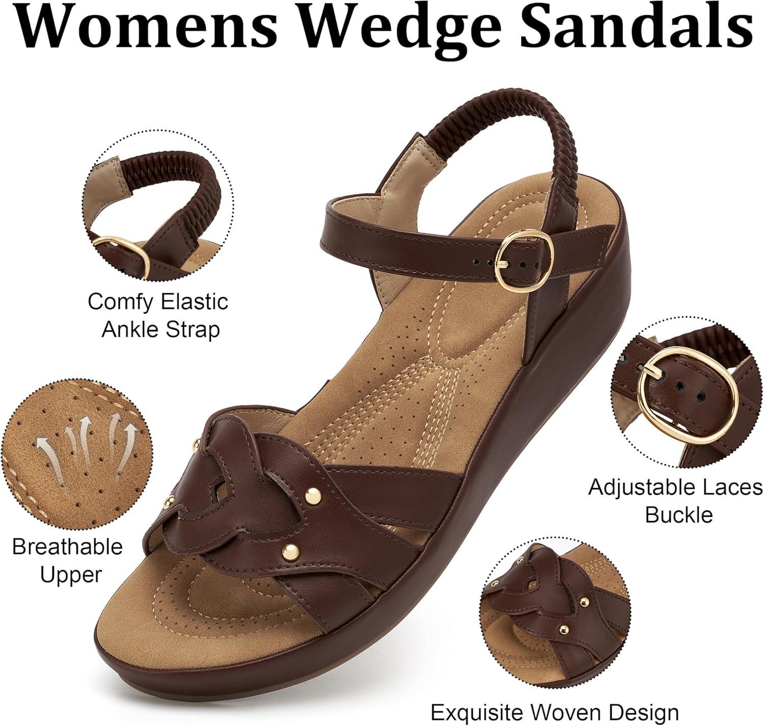 image:imageEcetana Womens Wedge Sandals Comfortable Dressy Woven Adjustable Ankle Strap Platform Casual Sandals for Summer Walking TravelCoffee