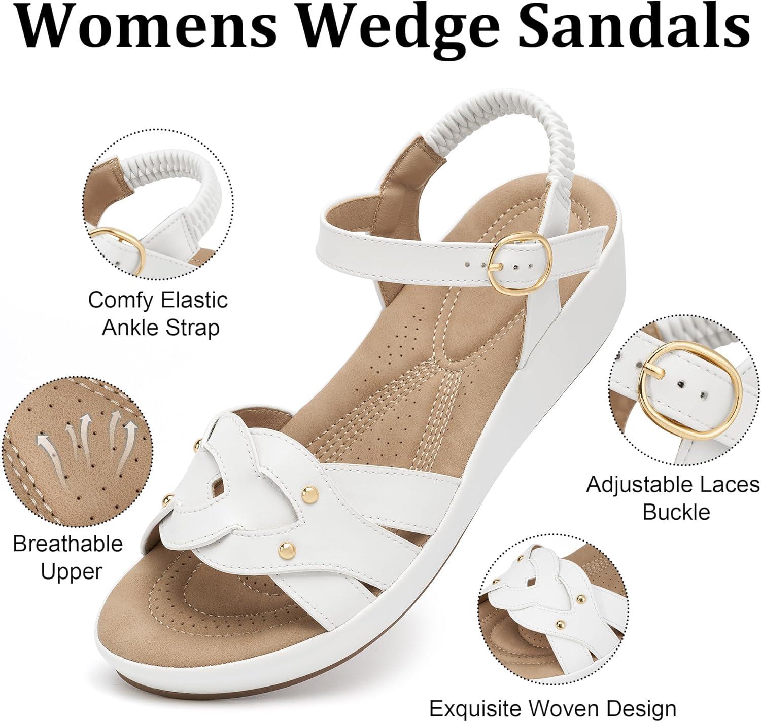image:imageEcetana Womens Wedge Sandals Comfortable Dressy Woven Adjustable Ankle Strap Platform Casual Sandals for Summer Walking TravelWhite