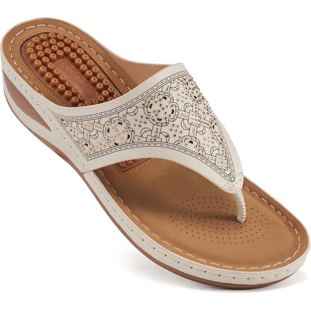 image:imageEcetana Womens Dressy Wedge Sandals Comfortable Summer Flip Flops Massaging Footbed Platform Thong Sandals for Casual WalkingBeige
