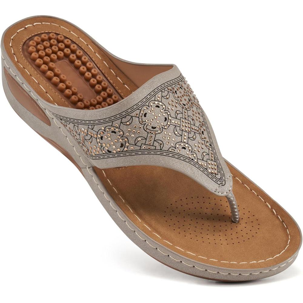 image:imageEcetana Womens Dressy Wedge Sandals Comfortable Summer Flip Flops Massaging Footbed Platform Thong Sandals for Casual WalkingGrey