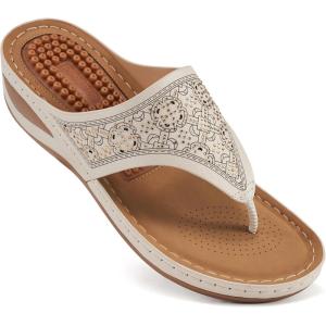 Ecetana Womens Dressy Wedge Sandals: Comfortable Summer Flip Flops Massaging Footbed Platform Thong Sandals for Casual Walking(Beige)