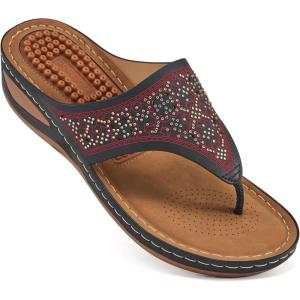 Ecetana Womens Dressy Wedge Sandals: Comfortable Summer Flip Flops Massaging Footbed Platform Thong Sandals for Casual Walking(Black)