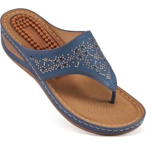 Ecetana Womens Dressy Wedge Sandals: Comfortable Summer Flip Flops Massaging Footbed Platform Thong Sandals for Casual Walking(Blue)