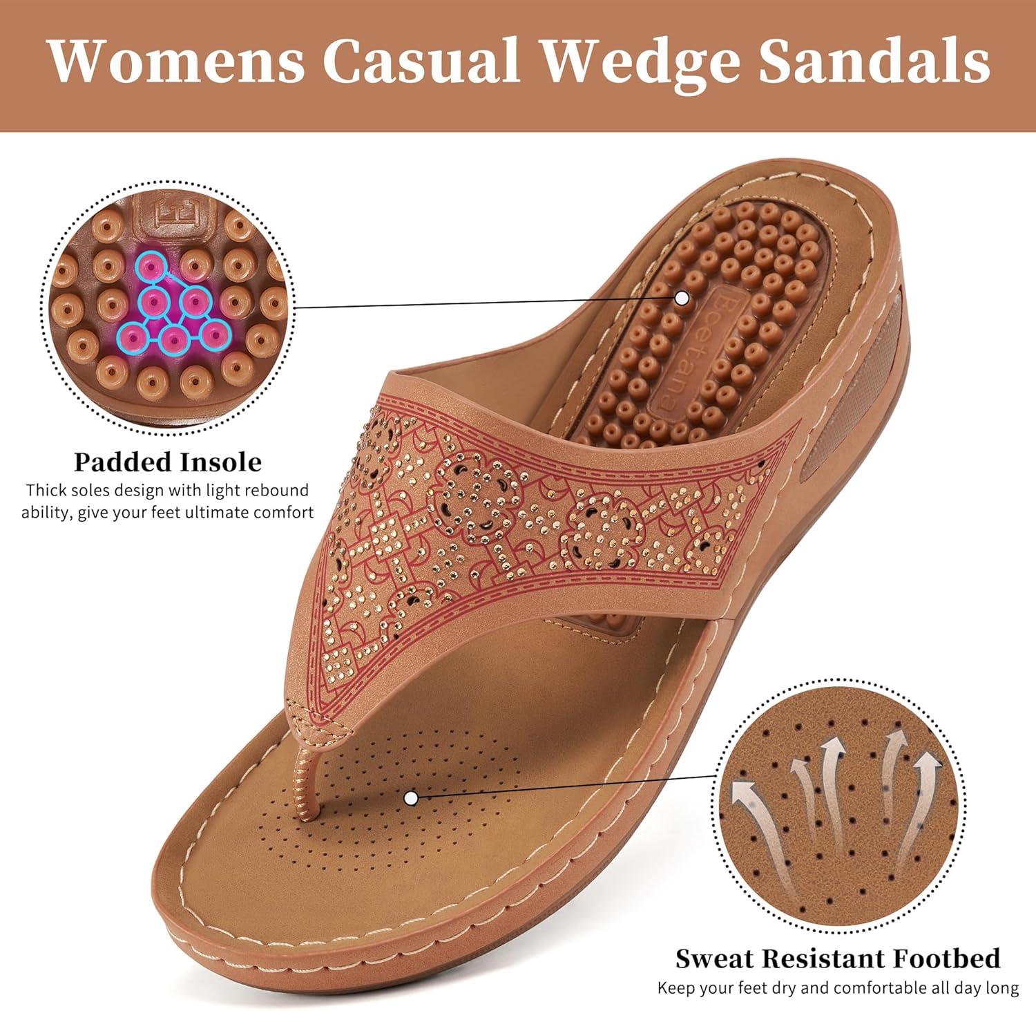 image:imageEcetana Womens Dressy Wedge Sandals Comfortable Summer Flip Flops Massaging Footbed Platform Thong Sandals for Casual WalkingBrown