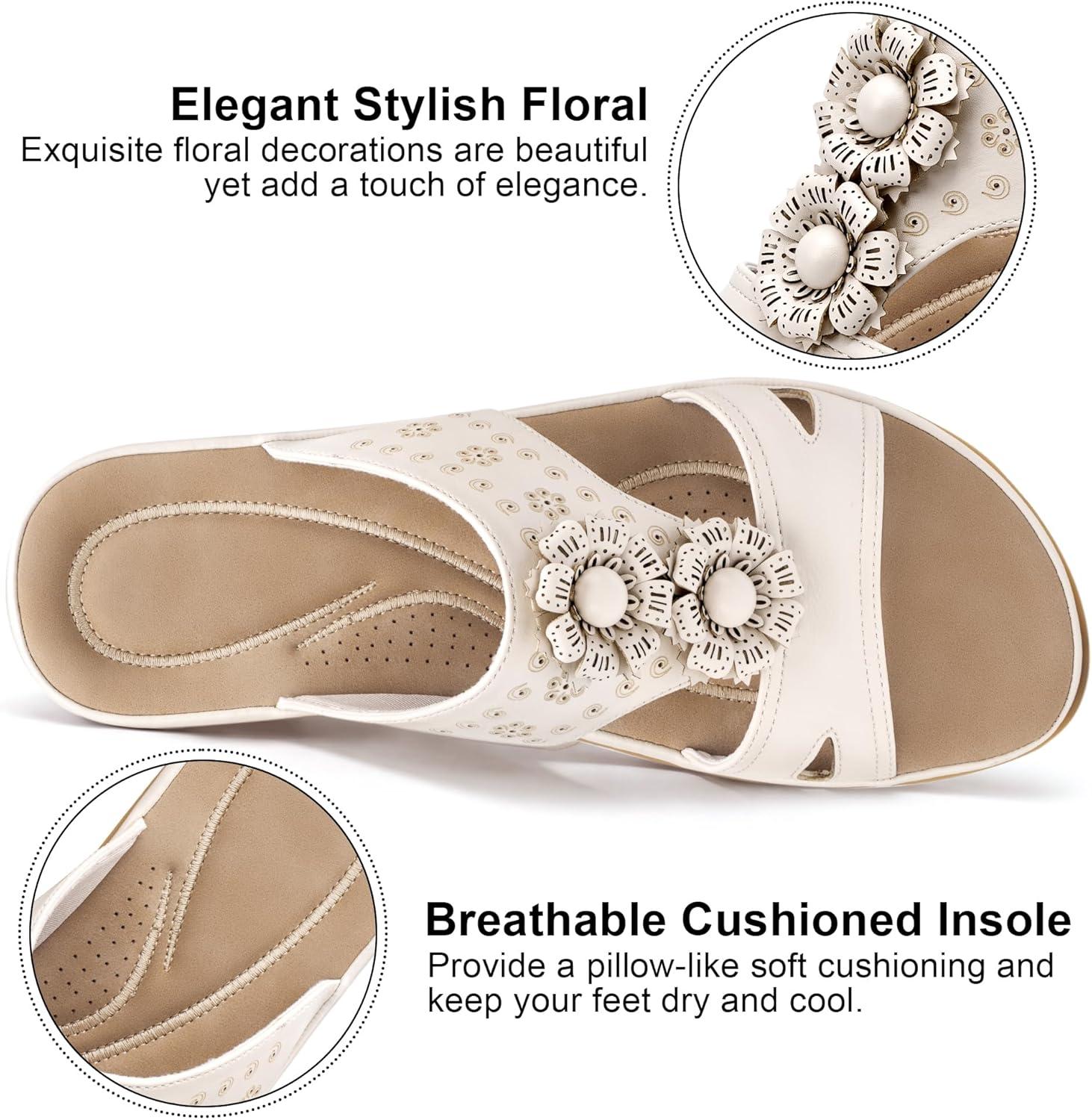 image:imageEcetana Womens Sandals Summer Slides 2026 Dressy Comfortable Walking Flat Sandals for Casual Indoor OutdoorBeige