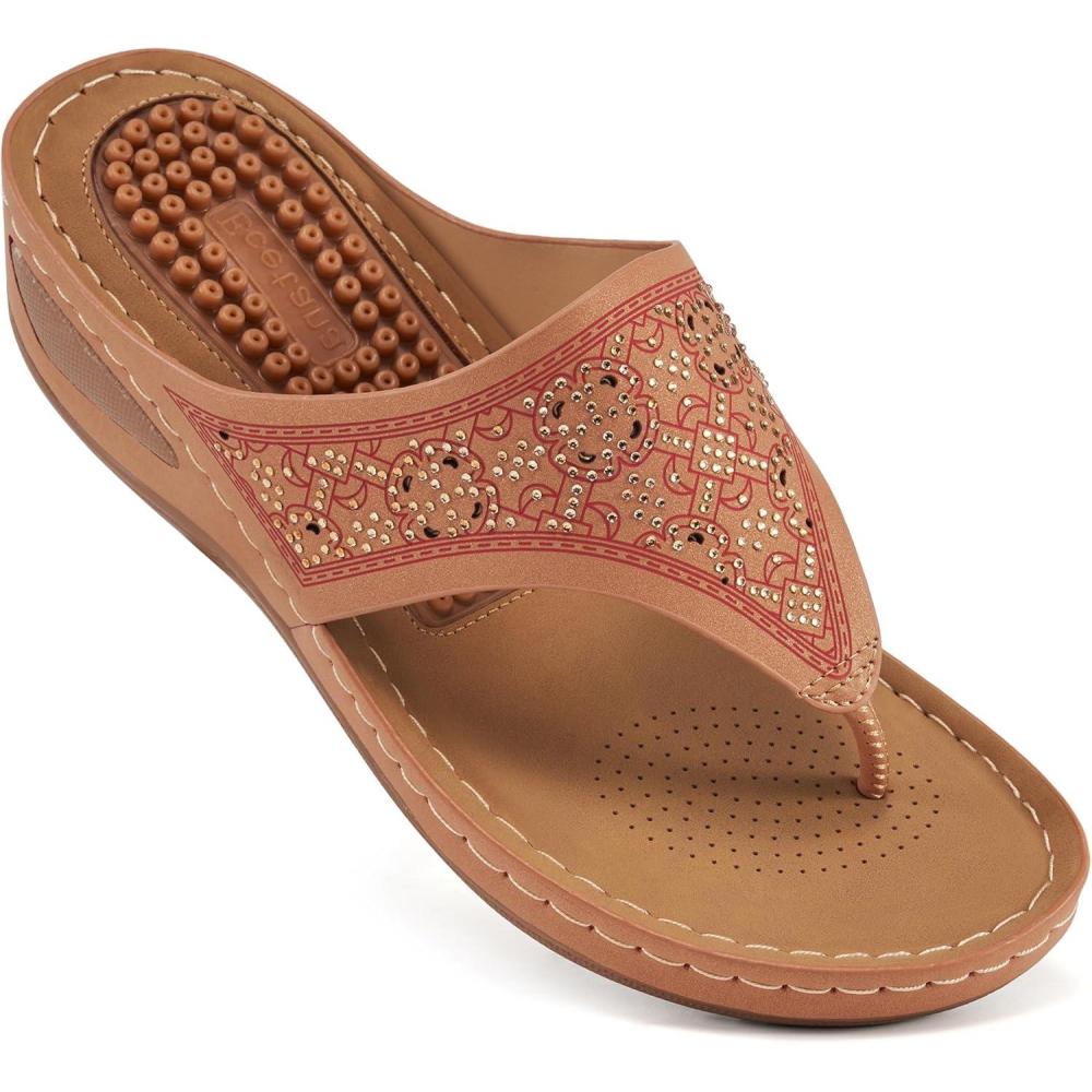image:imageEcetana Womens Dressy Wedge Sandals Comfortable Summer Flip Flops Massaging Footbed Platform Thong Sandals for Casual WalkingBrown