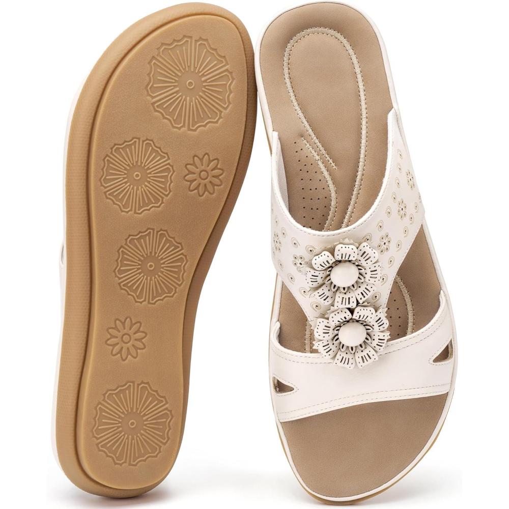 image:imageEcetana Womens Sandals Summer Slides 2026 Dressy Comfortable Walking Flat Sandals for Casual Indoor OutdoorBeige
